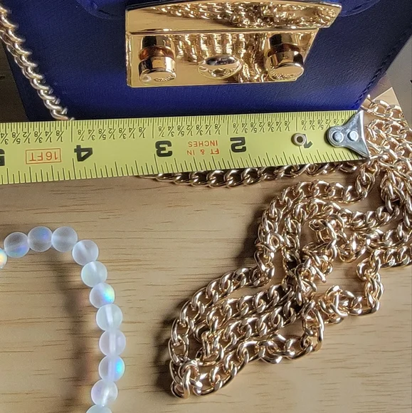 LA MIEL True Blue and Gold Studded Crossbody Bag & Rainbow Moonstone Bracelet. - Picture 10 of 12